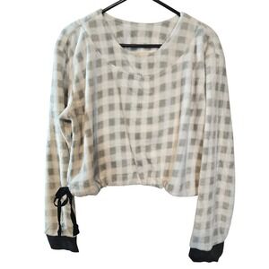 Rhea Soft Plaid Crop Pullover Cozy Fleece Long Sleeve Tie Detail Top Size L XL